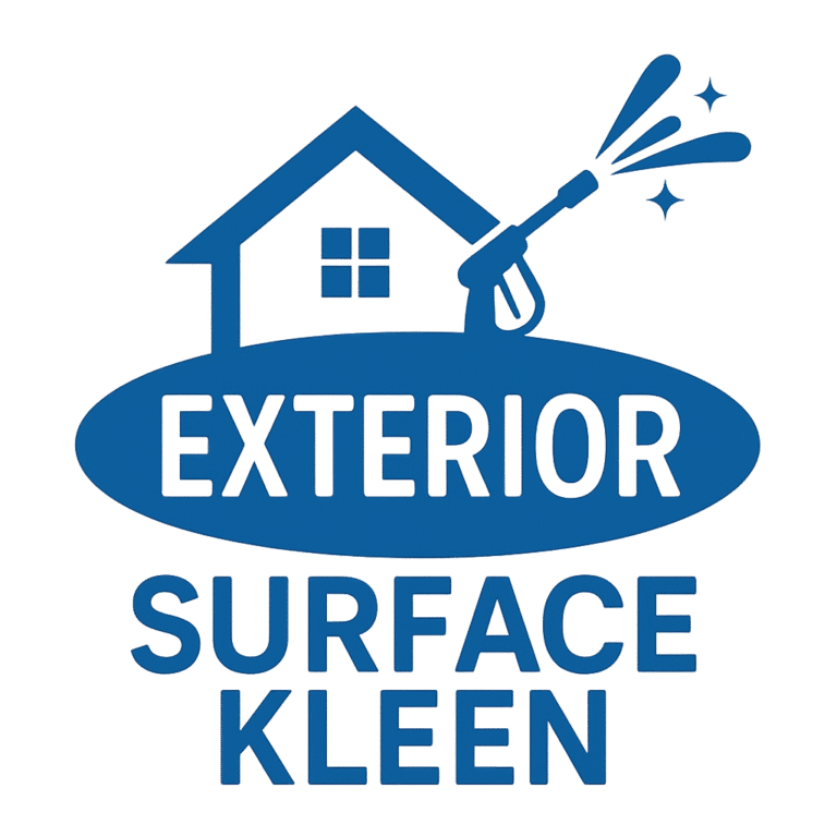 Logo for Exterior Surface Kleen, featuring a house outline with a power washer spraying water and sparkles, and bold text reading "Exterior Surface Kleen