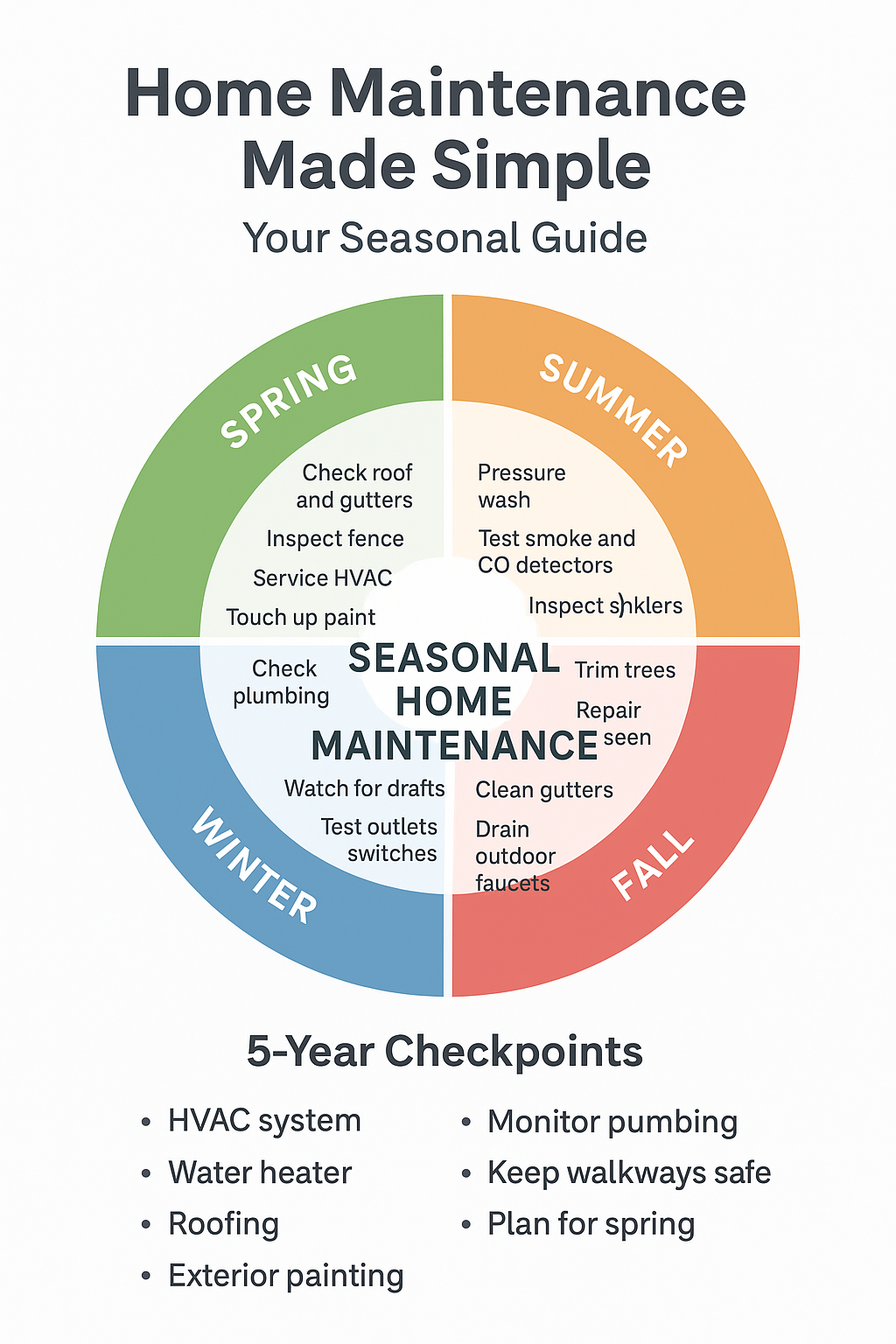Seasonal home maintenance wheel showing spring, summer, fall, and winter repair reminders by JCS Property Management